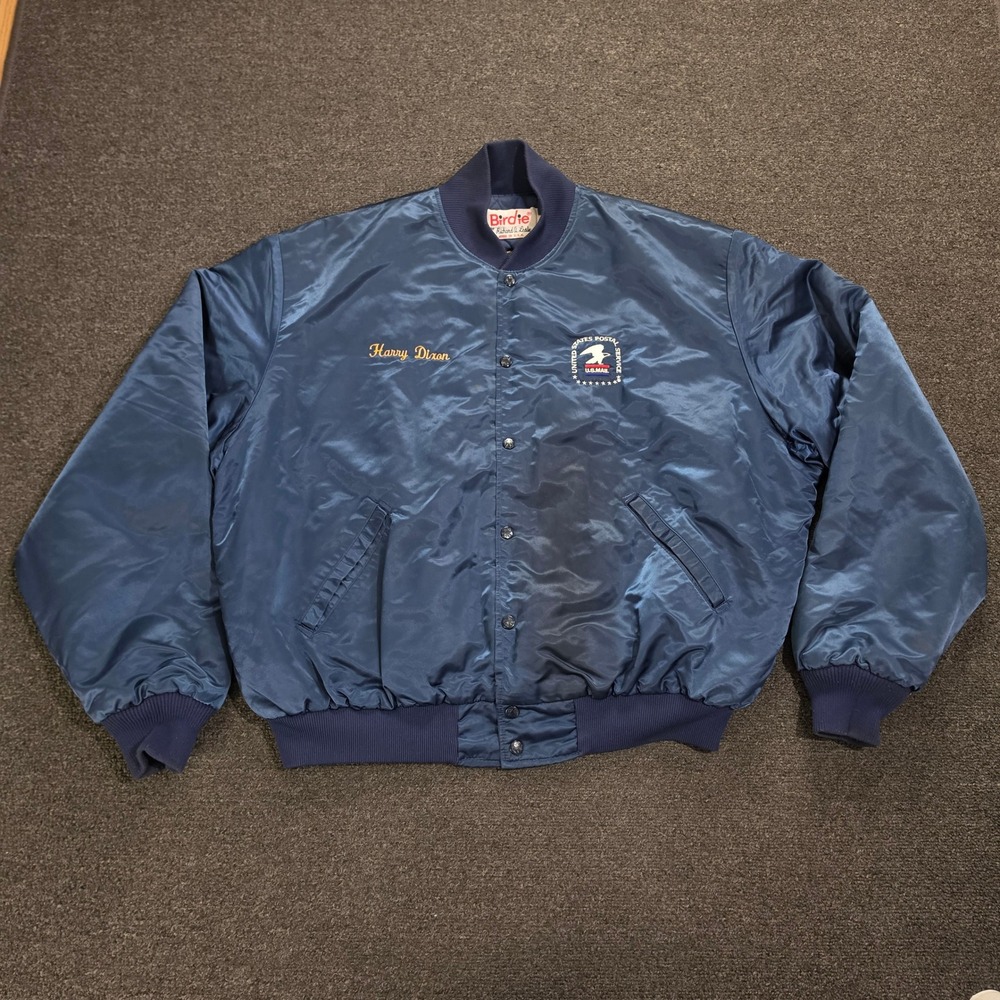 Vintage Birdie USPS Bomber Jacket Mens XL Blue Satin NJI BMC Workwear 80s Eagle
